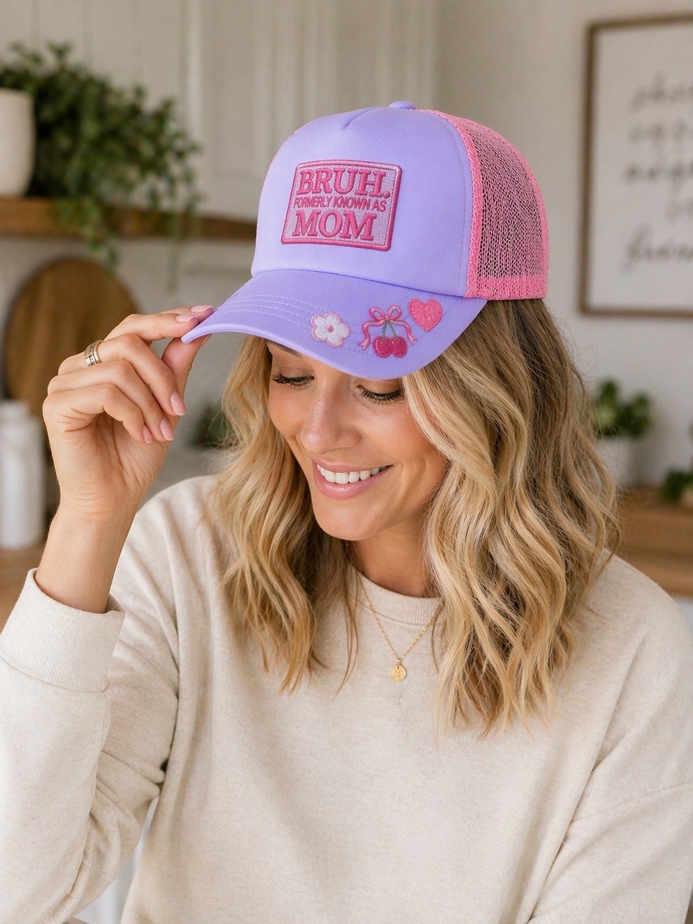 Lilac and Pink 'Bruh Formerly Known As Mom' Patch Trucker Hat